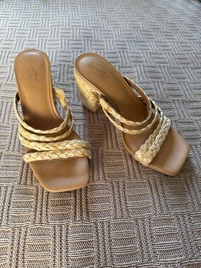 Universal Thread Braided Straw Block Heel Sandals in Tan